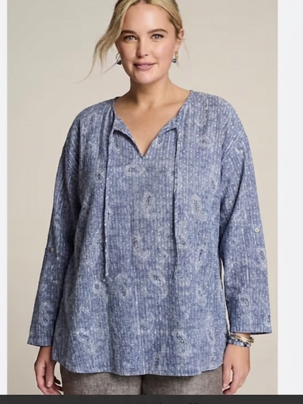 Purejill size M oversized Blue paisley Long-Sleeve textured lightweight blouse